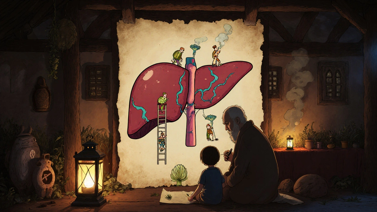 A child and elder drawing a living liver with animated herb helpers in a cozy cottage.