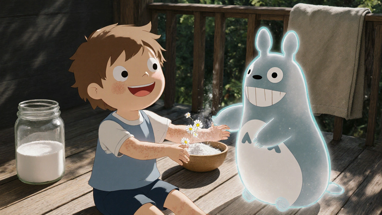 A child being comforted by a glowing spirit that heals eczema with shimmering mist and blooming flowers.