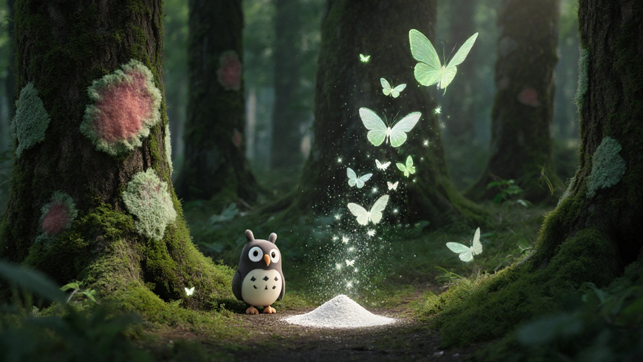 A magical creature sprinkling powder that transforms fungal growth into healthy moss in a forest clearing.