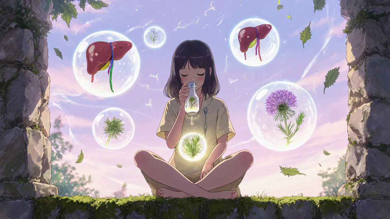 A woman sipping herbal drops as glowing liver orbs drift into the twilight air.