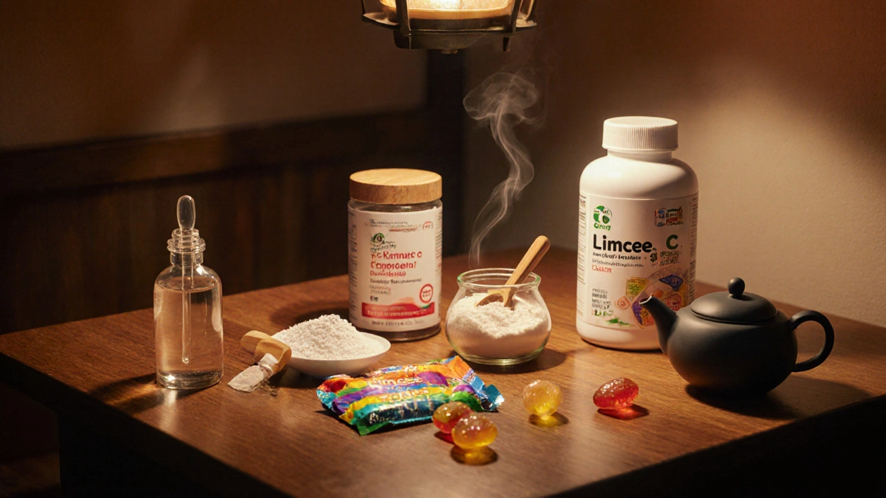 Assorted vitamin C supplement forms arranged on a wooden table in soft anime lighting.