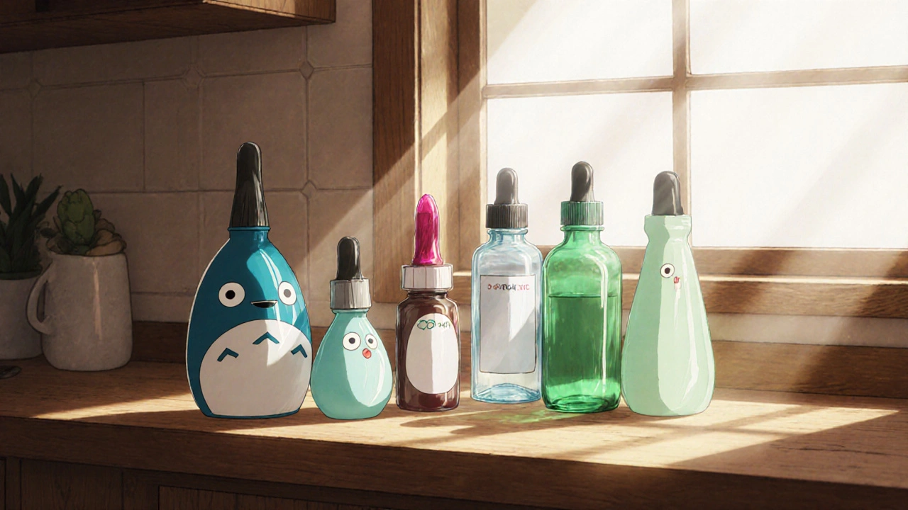 Assortment of colored eye‑drop bottles on a wooden countertop, soft daylight, Ghibli feel.
