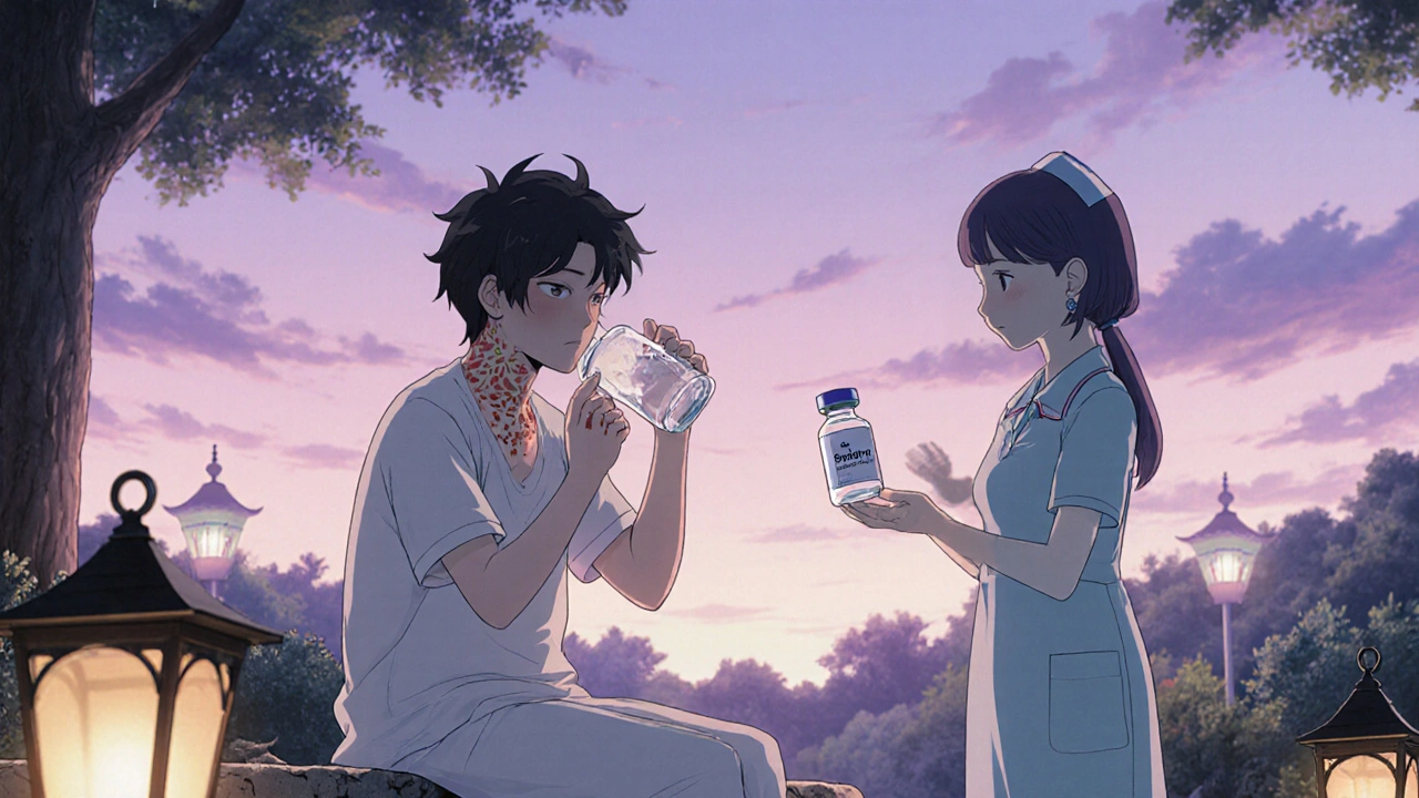 Character drinking water, applying cream, stretching in garden at dusk with vaccine vial.