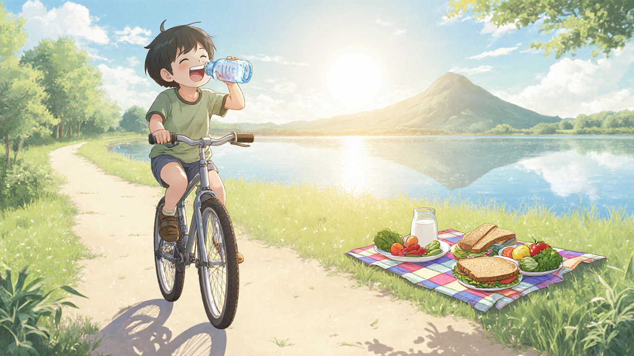 Child drinking water and biking while enjoying a healthy picnic outdoors.