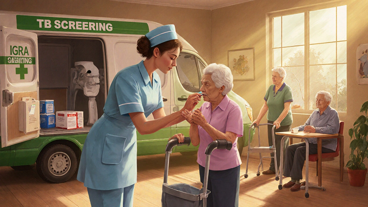 Community nurse observing an elderly patient taking TB medication in a care home.
