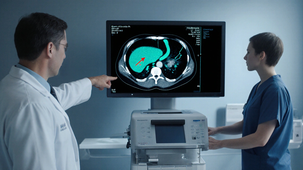 CT scan image of pancreas with highlighted duct blockage and doctor pointing.