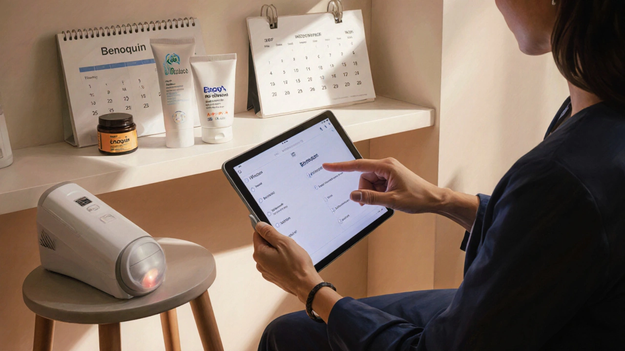 Dermatology consultation scene with doctor, patient, sunscreen, creams and a laser device.