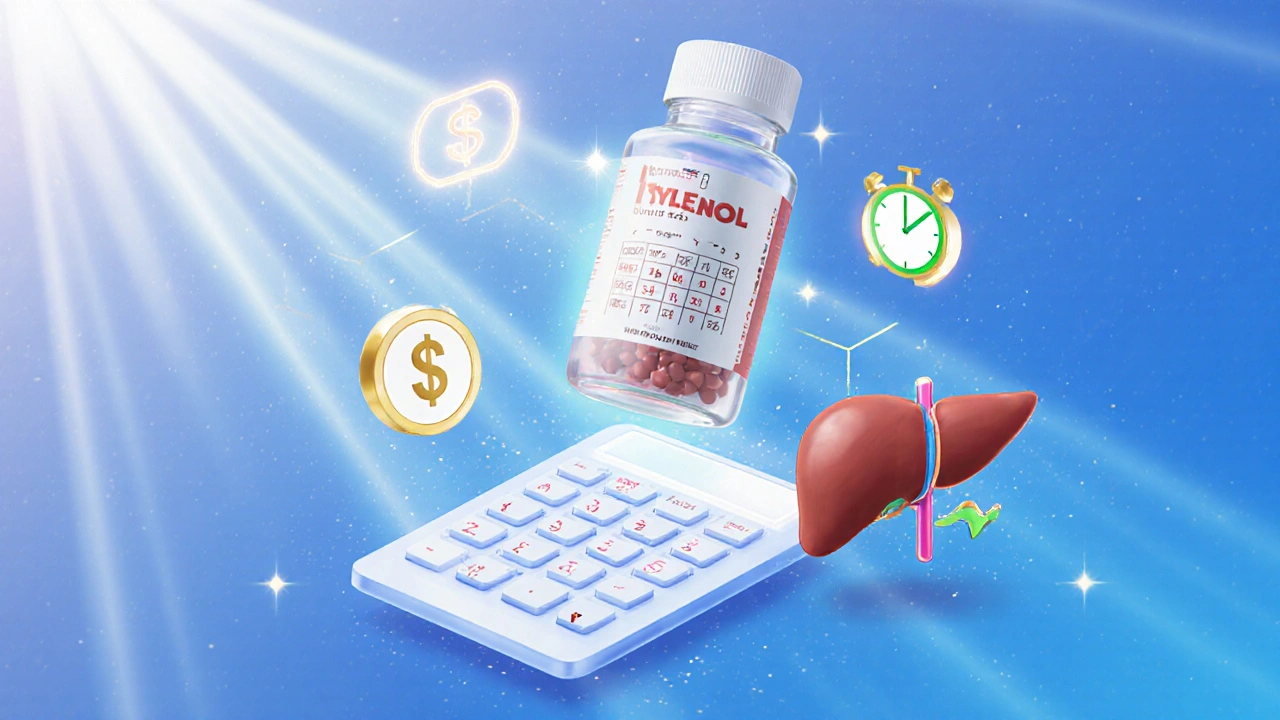Digital art of a medicine bottle surrounded by calculator, discount symbols, and a timer for safe dosing.