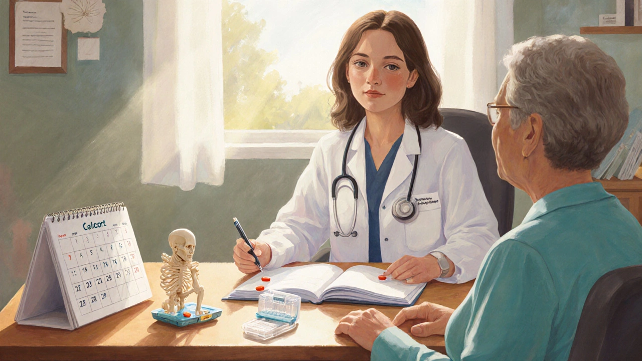 Doctor and caregiver discussing treatment with a Calcort tablet on a bone model.