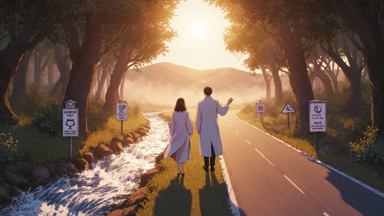 Doctor and patient at a forest fork discussing rapid onset versus once‑daily medication options.