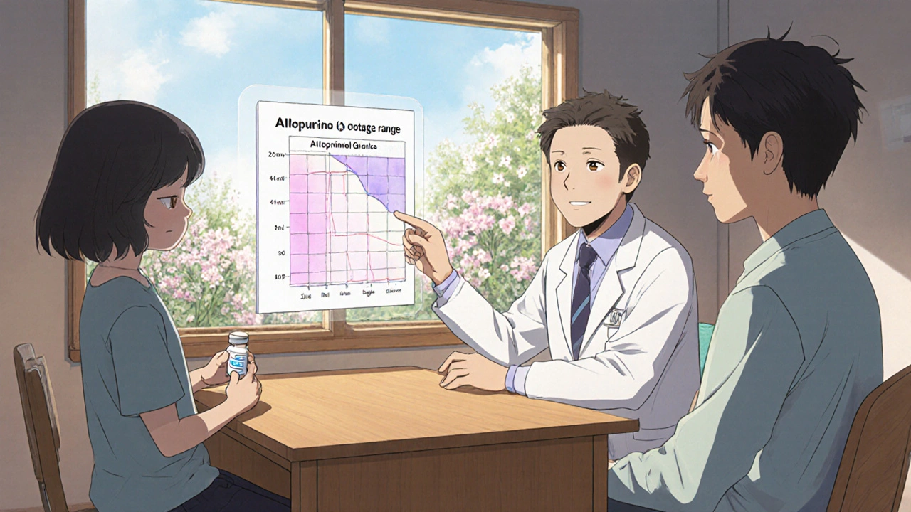 Doctor explaining Allopurinol dosage to parent and child in a calming clinic.