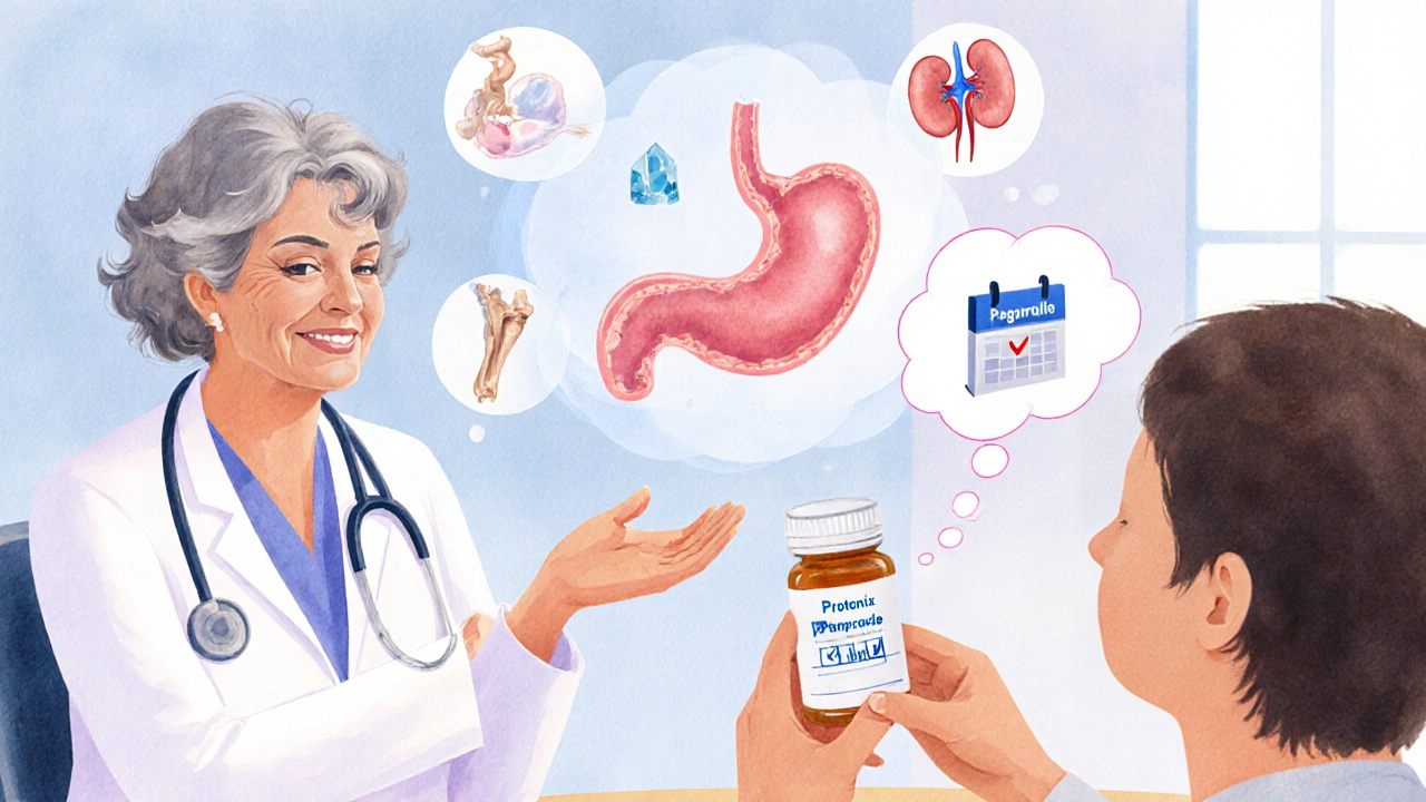 Doctor explaining Protonix action with stomach illustration and safety icons.