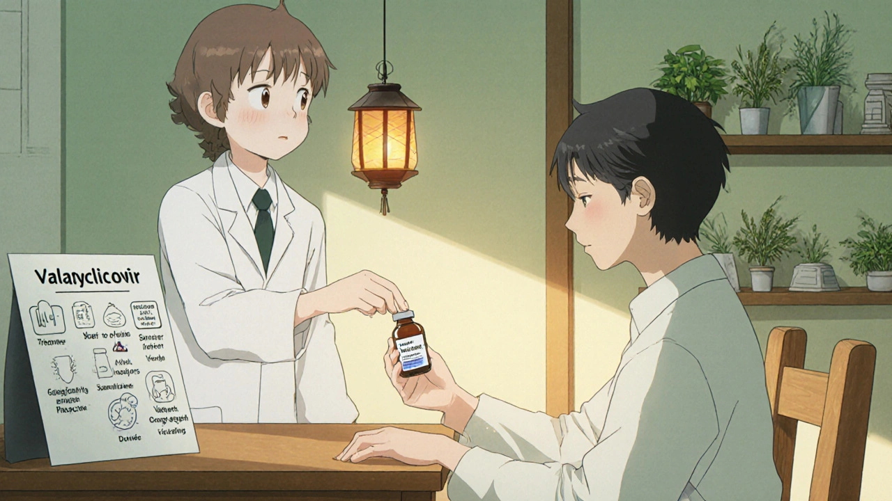 Doctor giving antiviral pill to patient in a warm clinic with medicine chart.