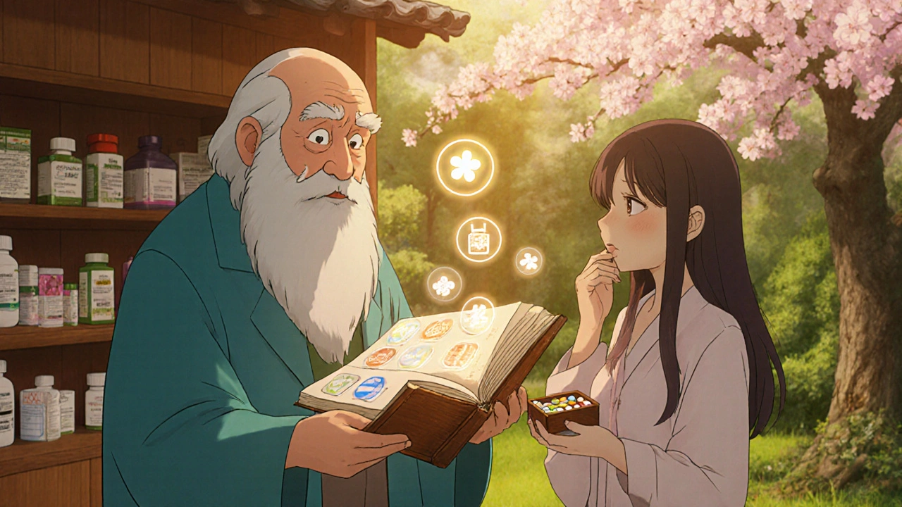Elderly pharmacist advising a young woman in a garden clinic with glowing pill icons.