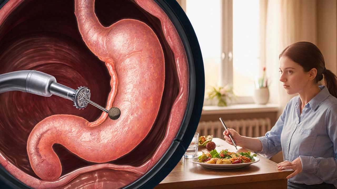 Endoscopic removal of gallstone and stent placement, patient later eating healthy meal.