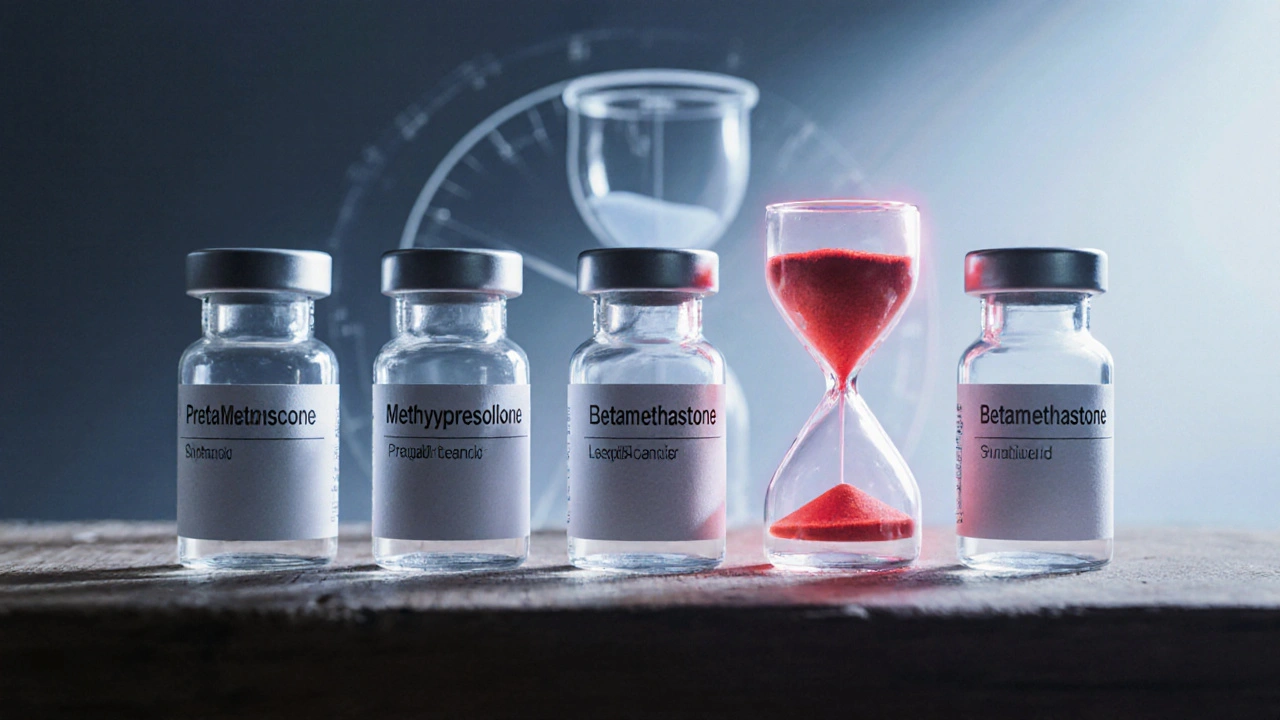 Five steroid vials with colored glows indicating potency and half-life.