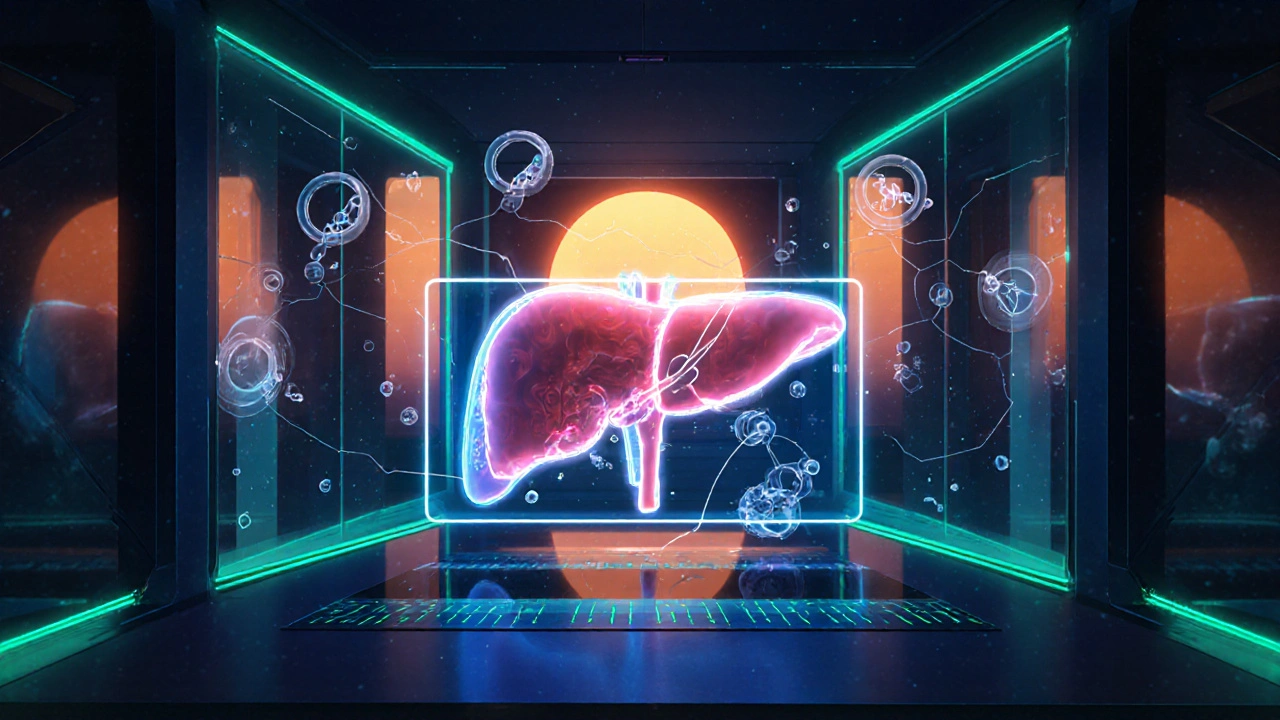 Futuristic lab scene showing CRISPR editing and checkpoint inhibitors targeting a liver.
