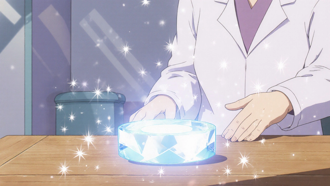 Glowing tablet releasing gentle sparkles to symbolize slow-release effect in a clinic.