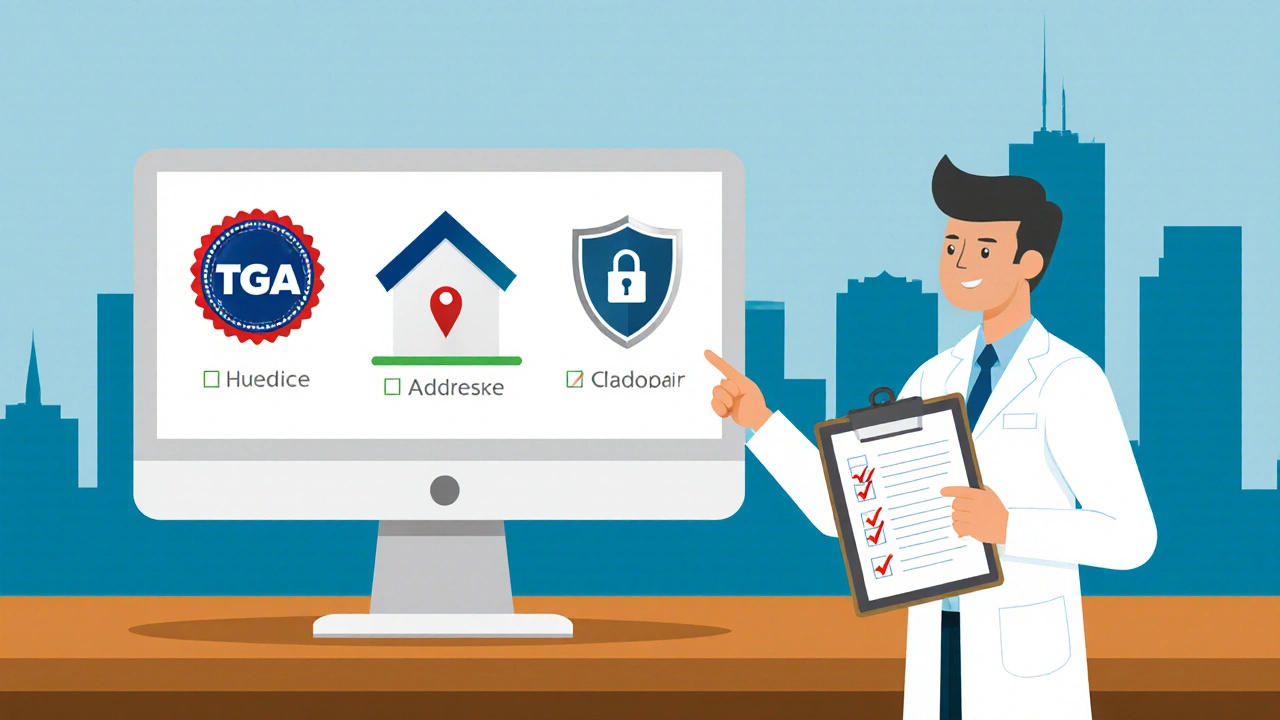 Illustration of a pharmacist checking a computer screen showing verification icons for online pharmacies.