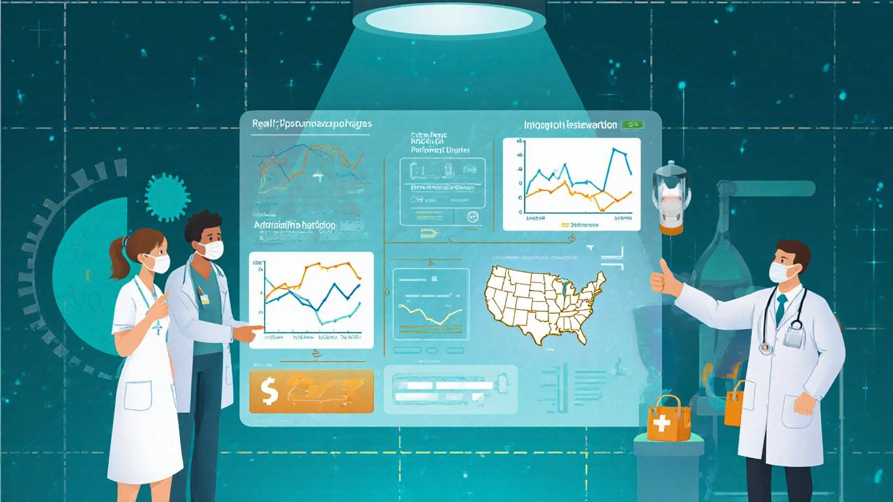 Infection‑control team reviewing a digital dashboard of Candida infection data.