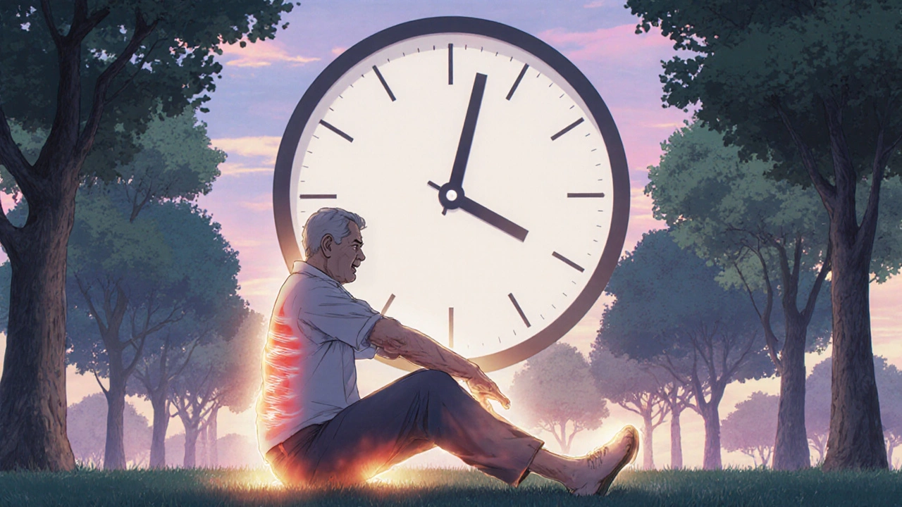 Man stretching in a park at dusk, surrounded by a warm aura of relief.