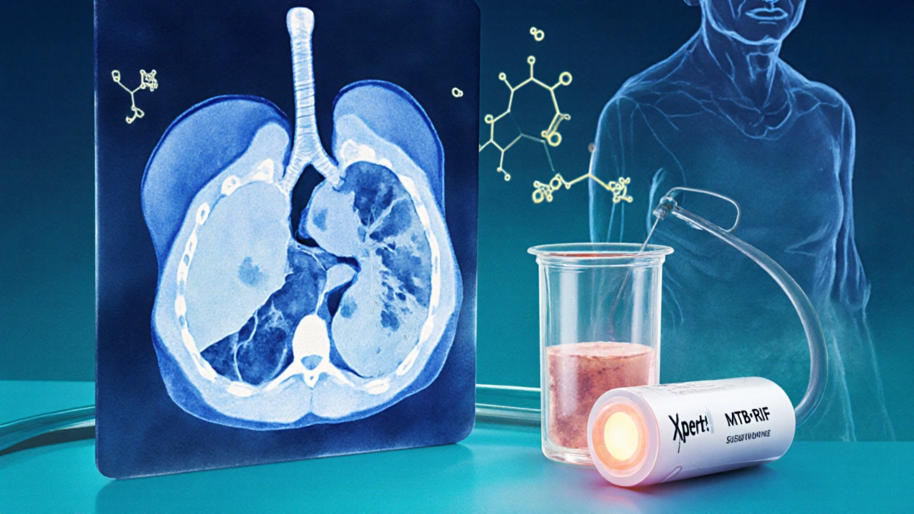Medical illustration of CT lung scan, sputum sample, and molecular test equipment.