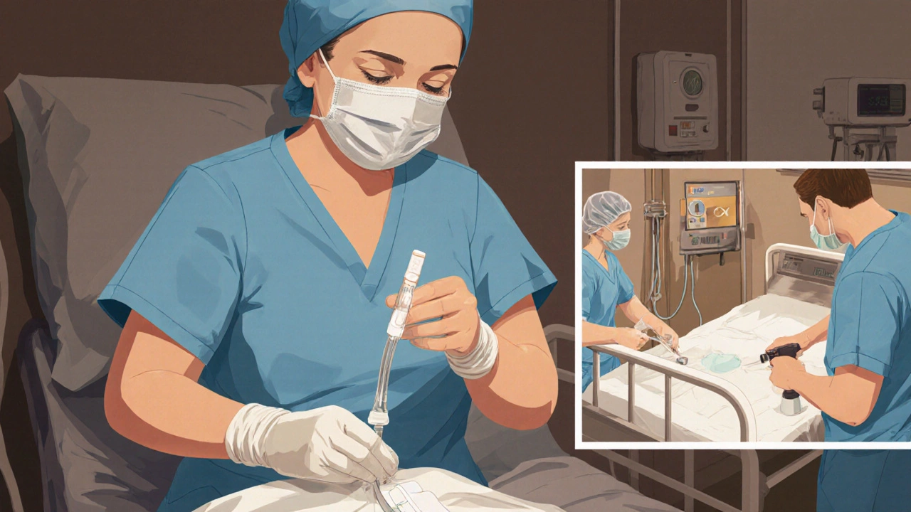 Nurse applying a sterile central line with chlorhexidine dressing while cleaning staff disinfectes equipment.