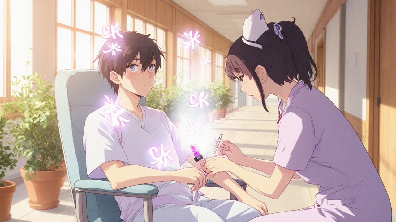 Nurse draws blood as glowing CK numbers float upward, indicating monitoring.