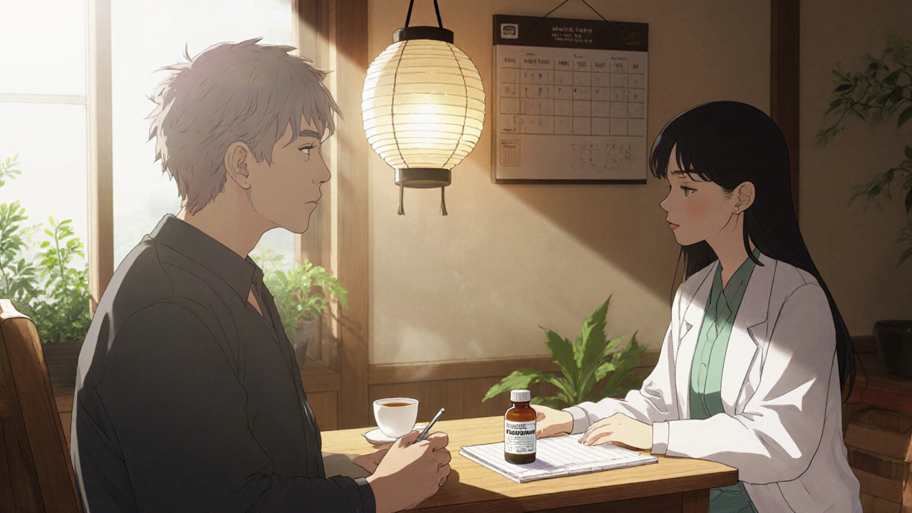 Patient and doctor discussing piracetam in a warm, softly lit clinic.