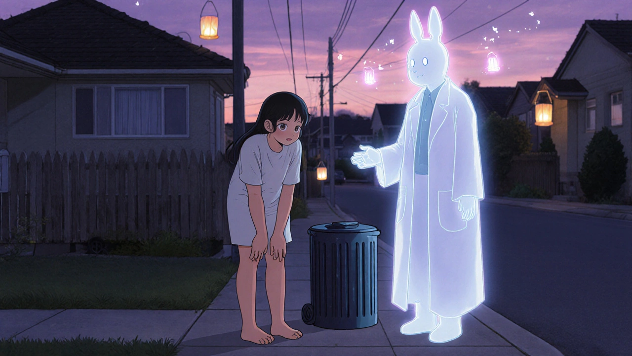 Patient holding thighs with a worried look, dark urine hint, and a guiding doctor spirit.