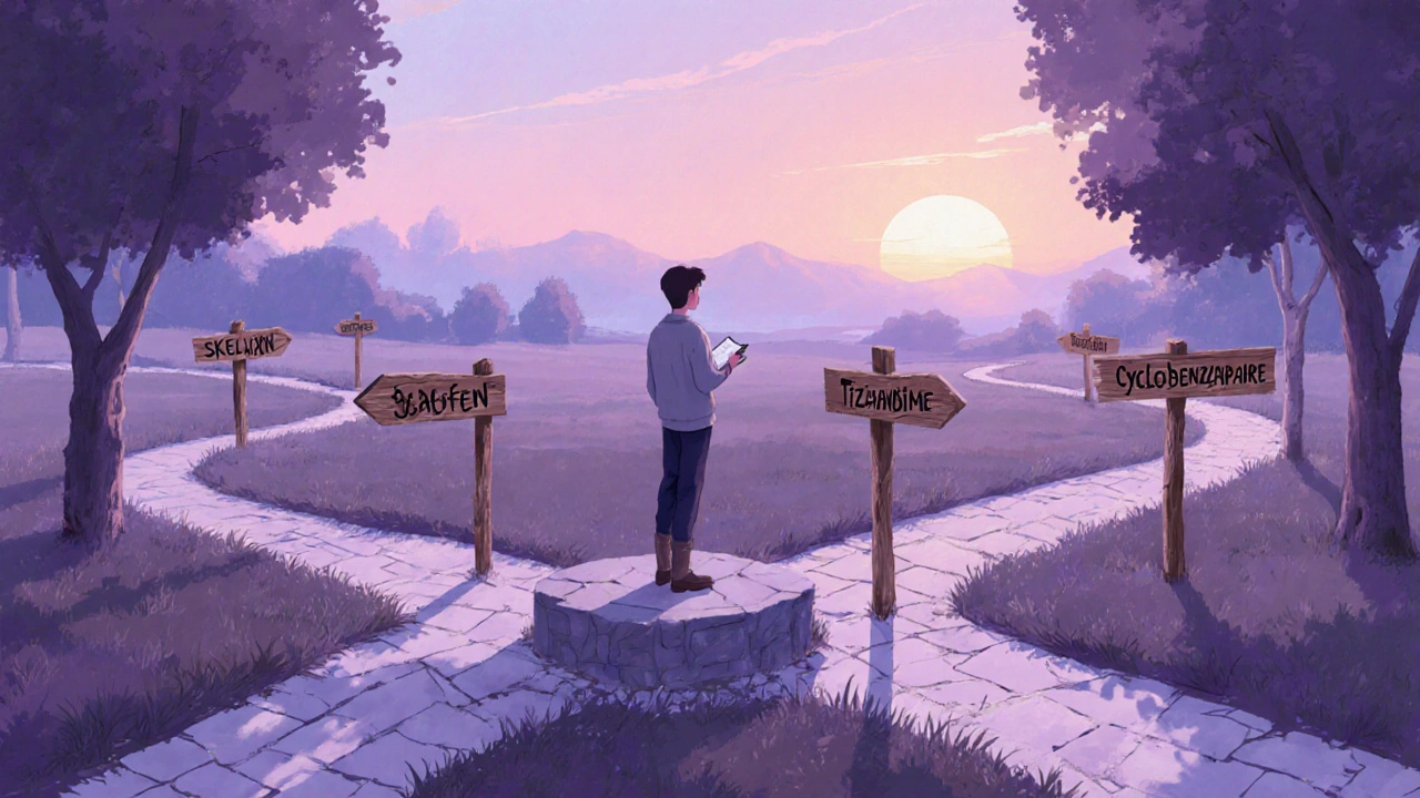 Person at a park crossroads with signposts for different muscle relaxants.