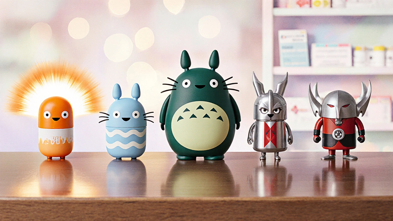 Personified pill characters representing different pain relievers arranged on a counter.