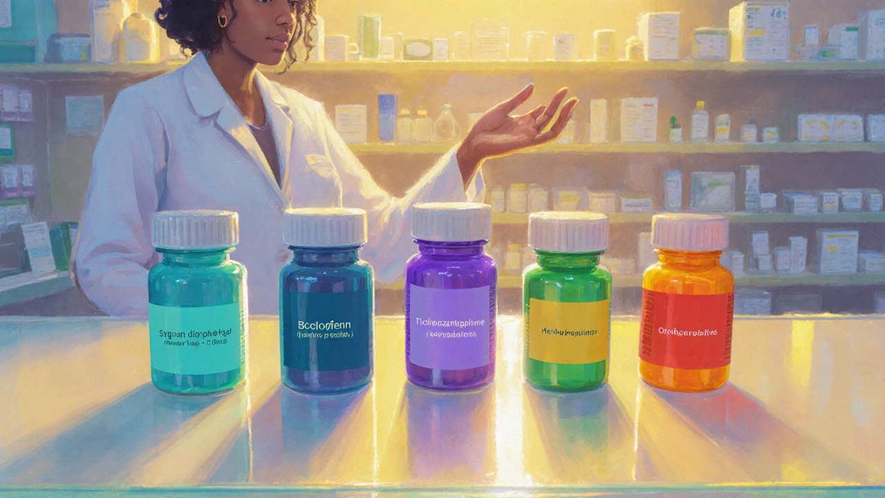 Pharmacy counter displaying several muscle‑relaxant pill bottles.
