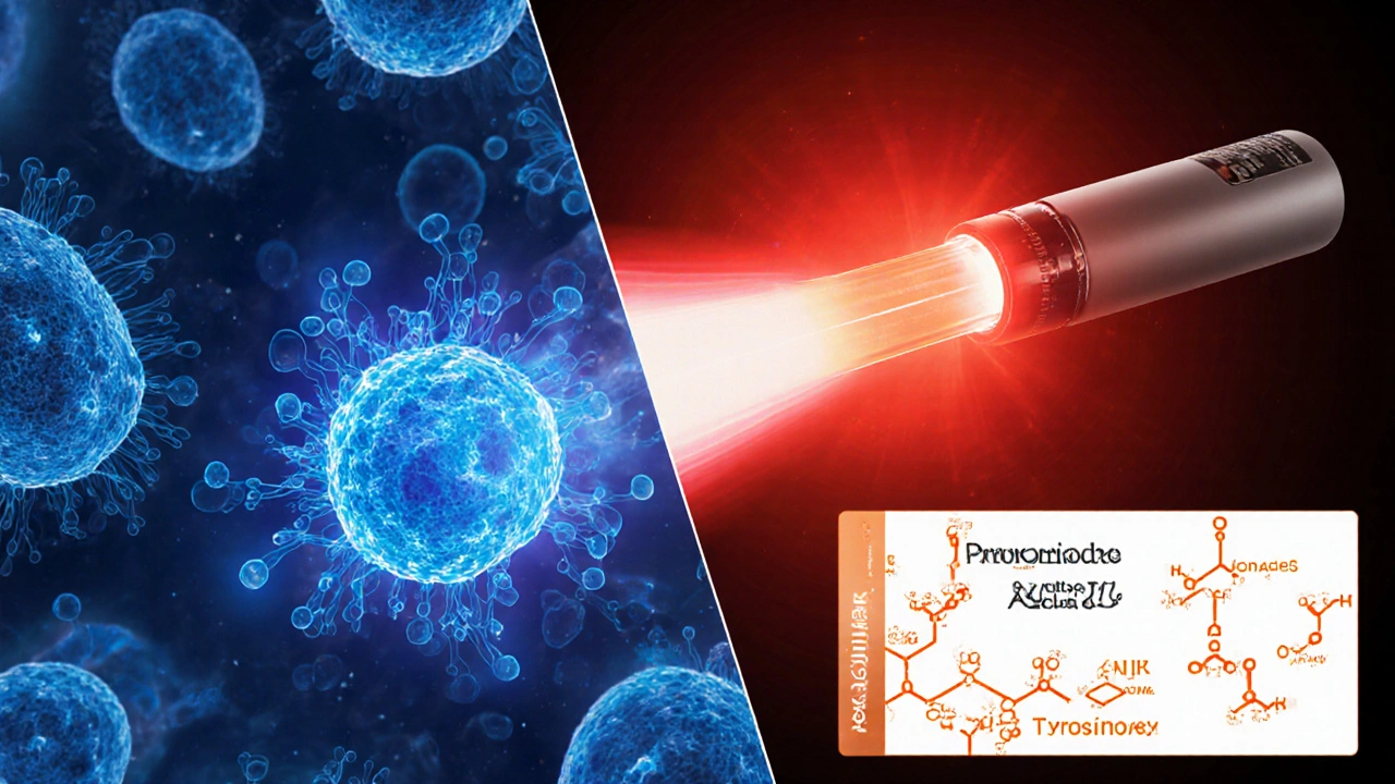 Split illustration showing monobenzone destroying melanocytes and laser targeting pigment.