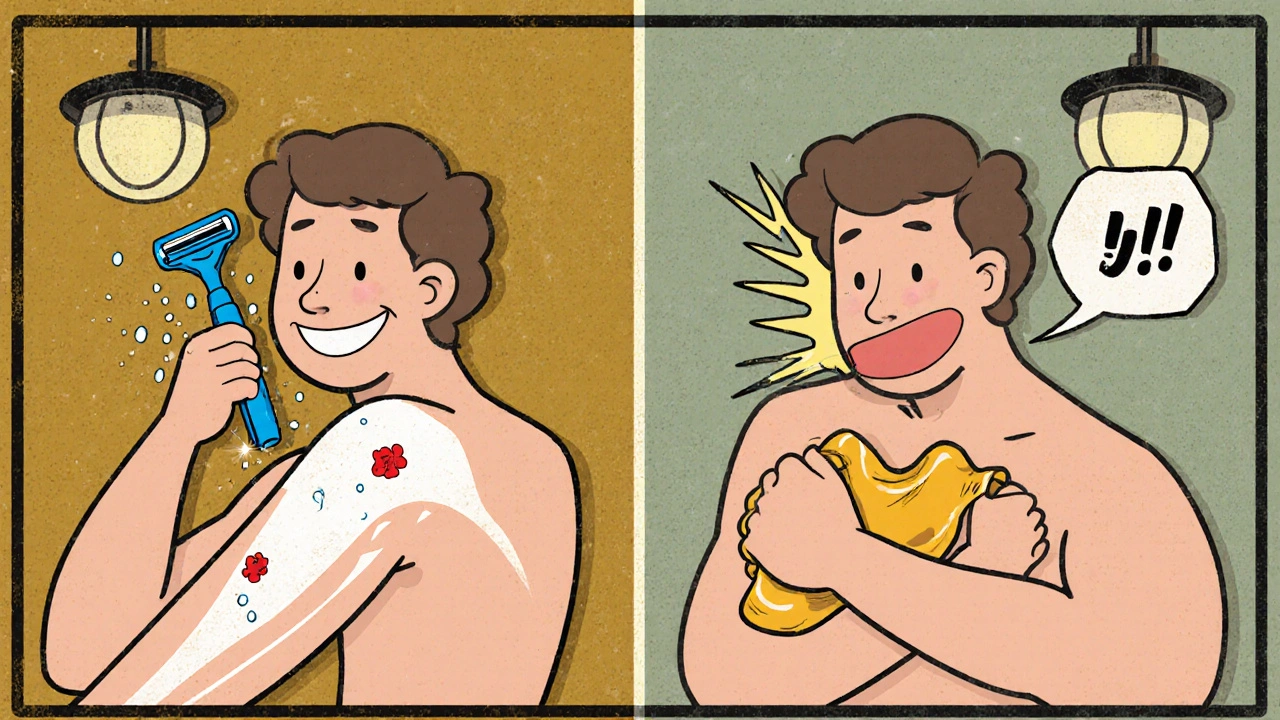 Split‑screen vintage cartoon comparing shaving (left) and waxing (right) with expressive faces.