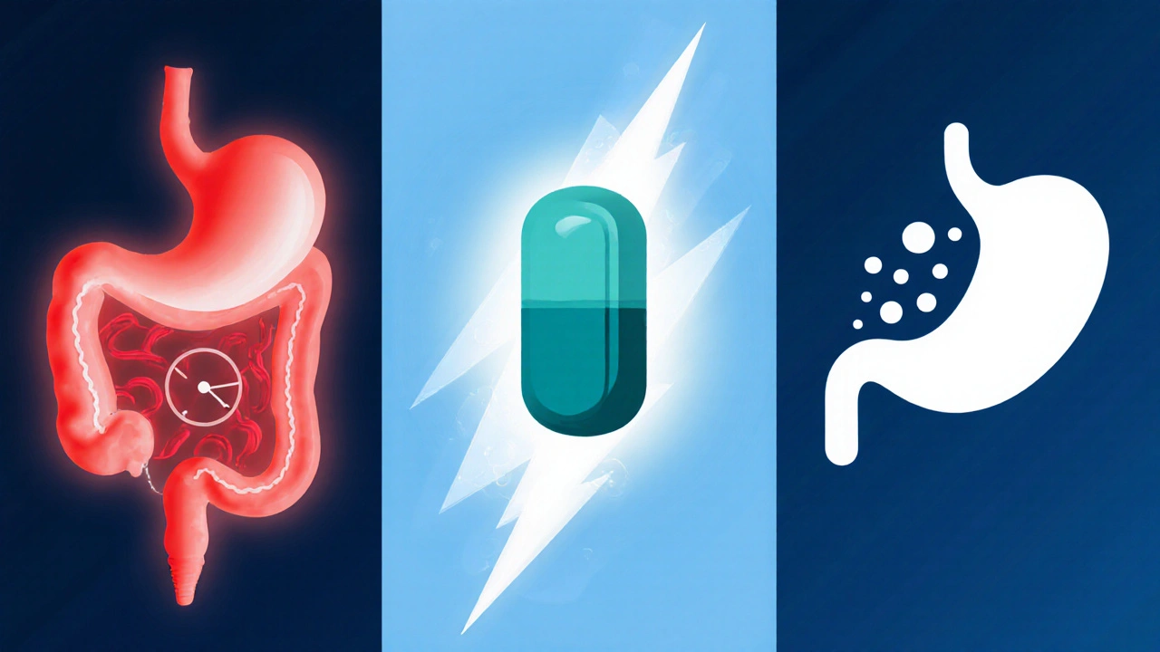 Three panels showing pills with visual cues for onset speed and duration.