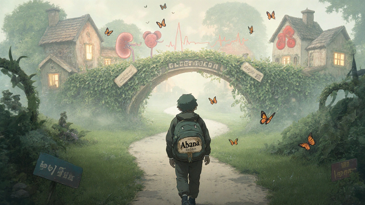 Traveler walking toward a healing village on a vine bridge, guided by ECG-shaped butterflies.