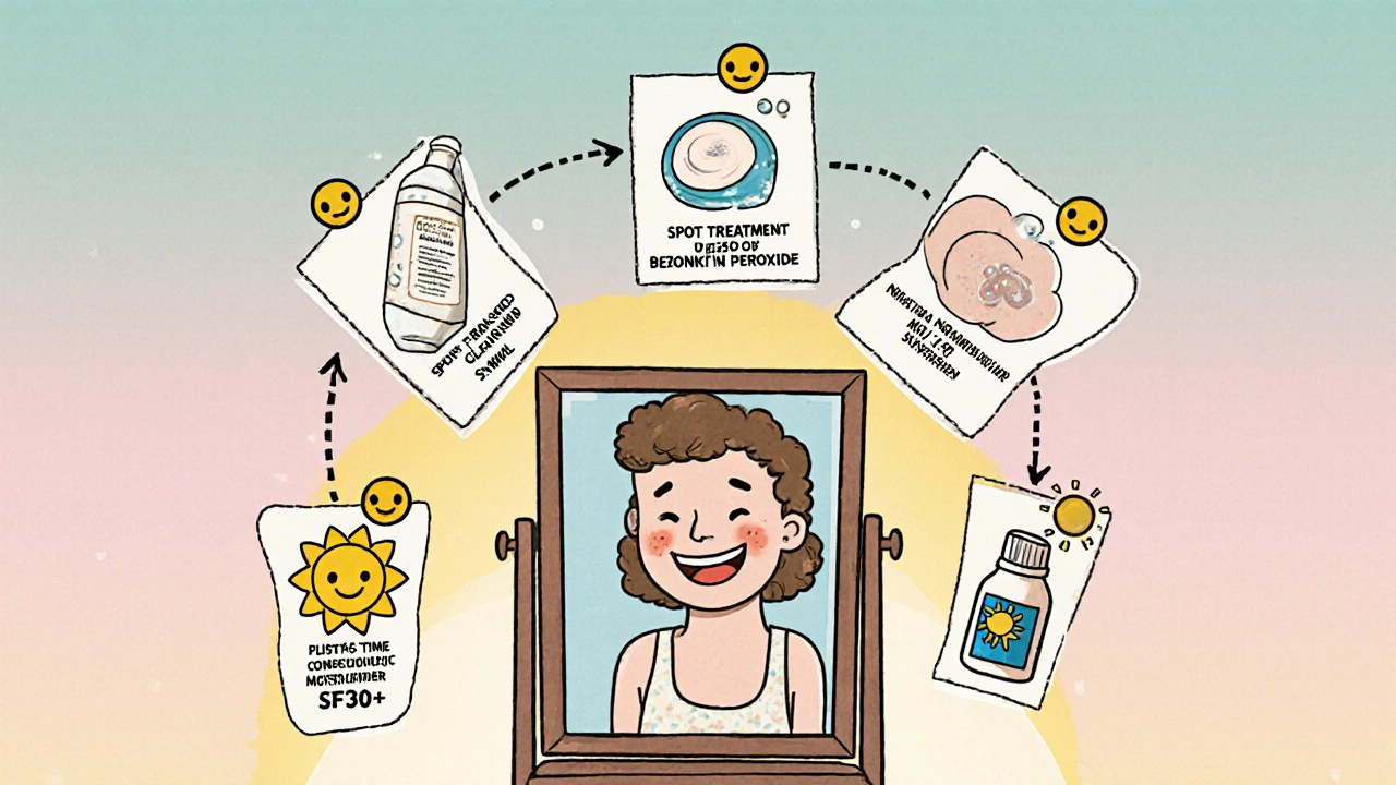 Vintage cartoon of happy skin after layered acne regimen with cleanser, Cleocin, moisturizer, sunscreen.