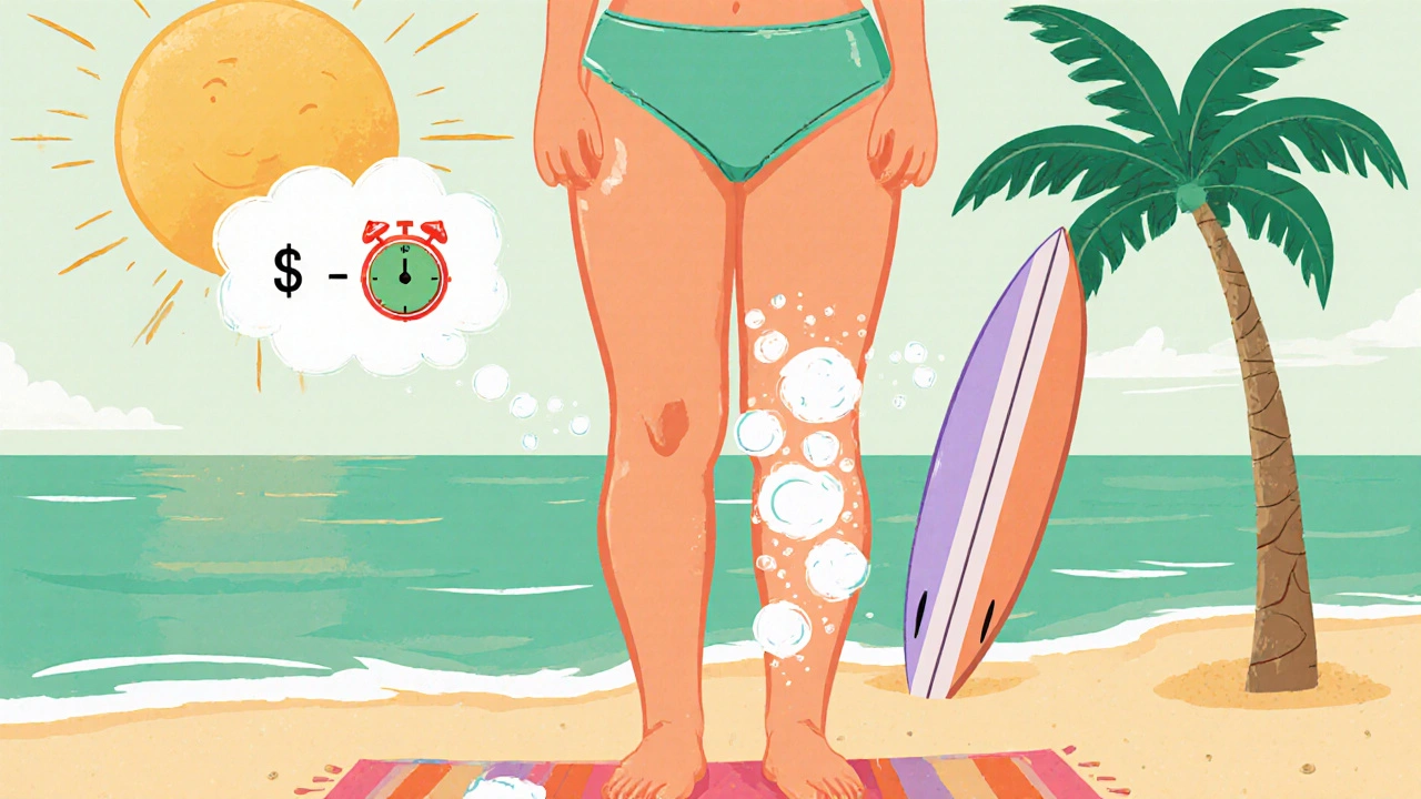Vintage cartoon showing a hybrid grooming routine with waxed legs and shaved underarms on a beach.