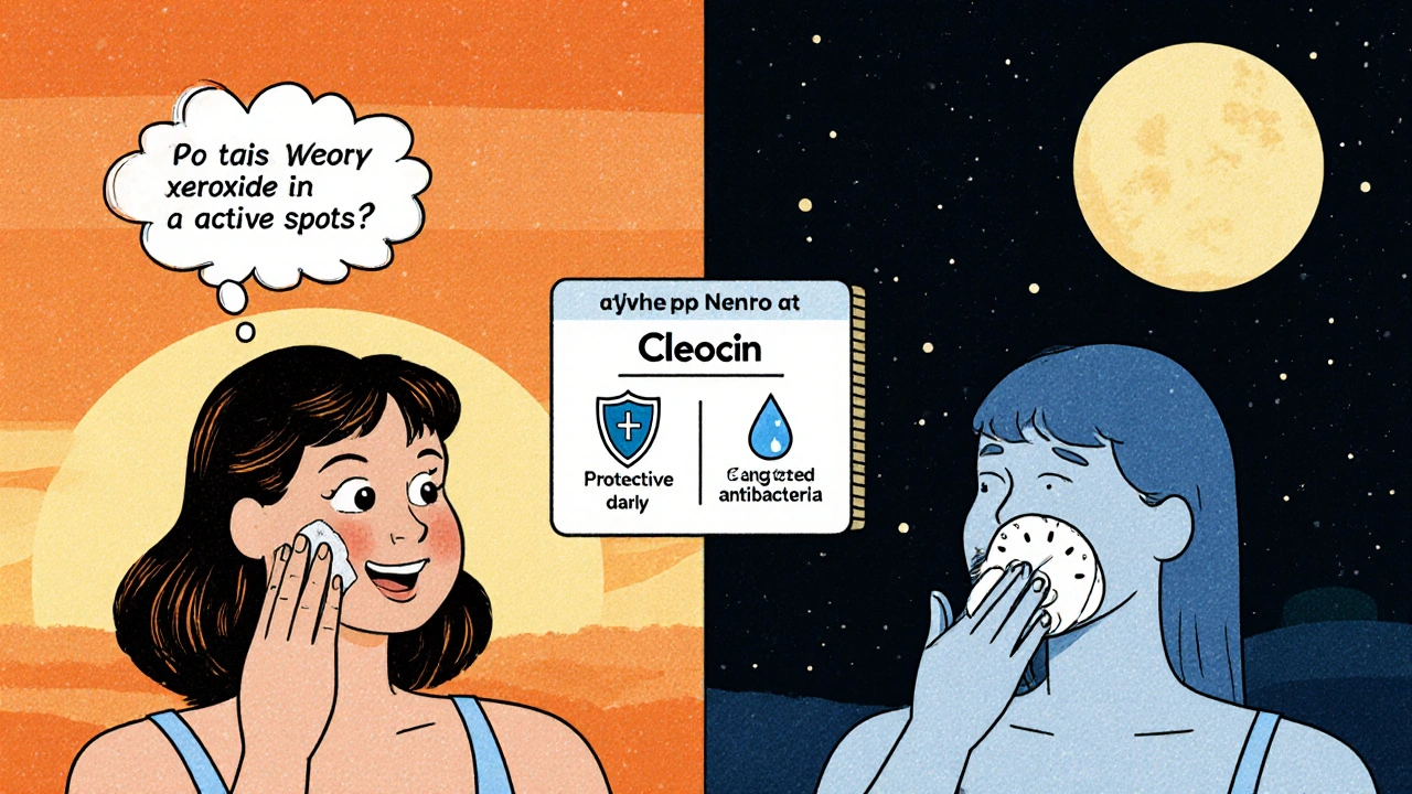 Vintage cartoon split scene showing morning benzoyl peroxide and night Cleocin routine.