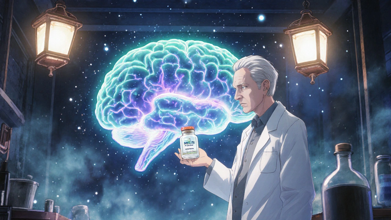 Whimsical lab with a scientist showing a glowing brain highlighting NMDA receptors.