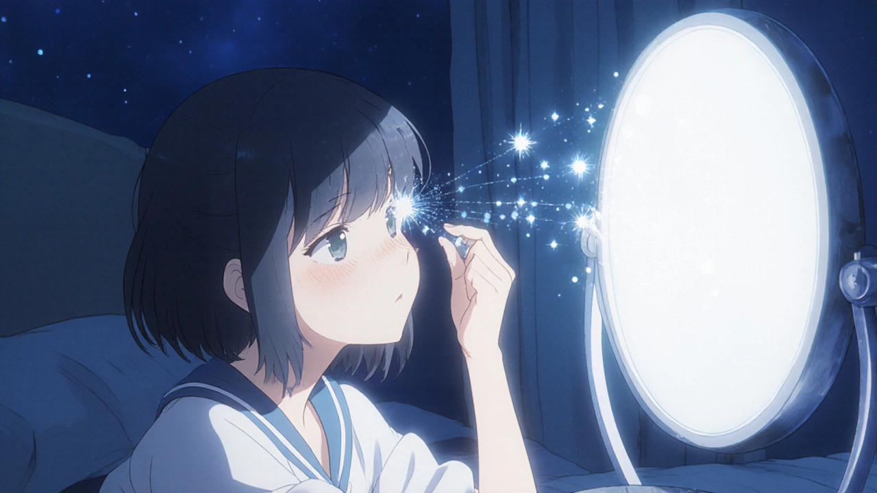 Woman applying eye drops at night, lashes glowing with magical light, Ghibli atmosphere.