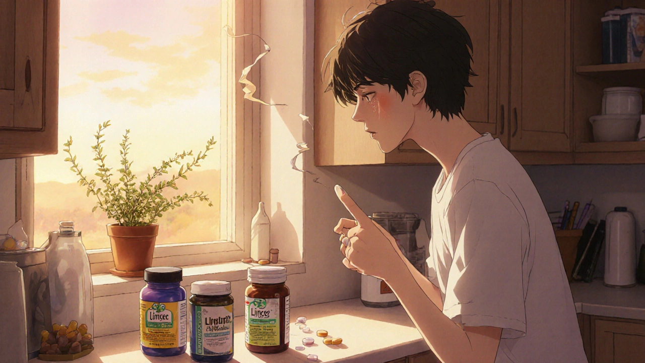 Young adult contemplating different supplement bottles at a kitchen counter, warm atmosphere.