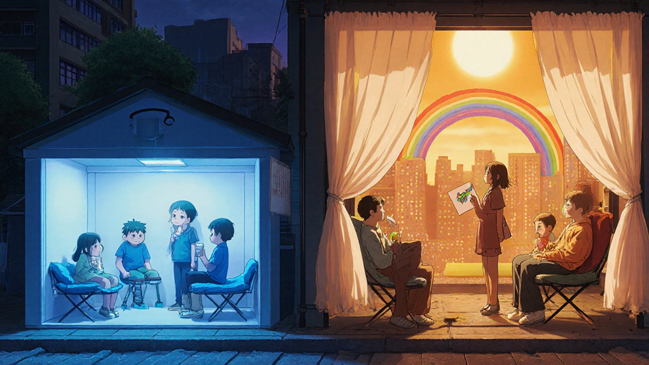 A cool, safe community center offering water and naloxone to vulnerable people during a heatwave.