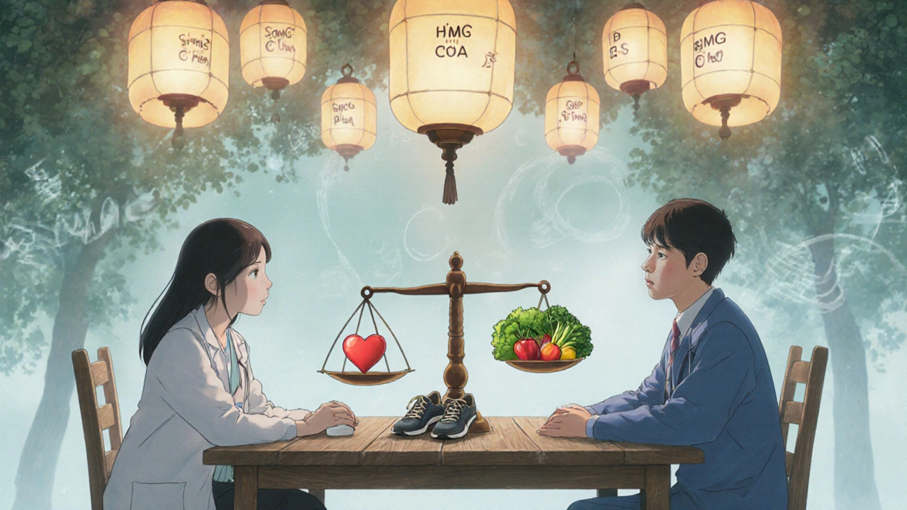 A doctor and patient balancing a statin pill against healthy lifestyle items under glowing lanterns.