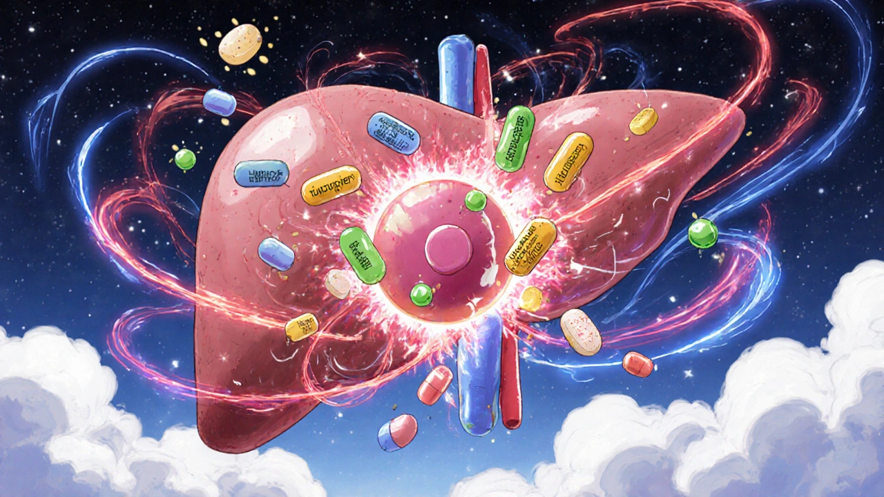 A glowing liver in the sky with medicinal sprites clashing around a chemotherapy molecule in a metabolic storm.