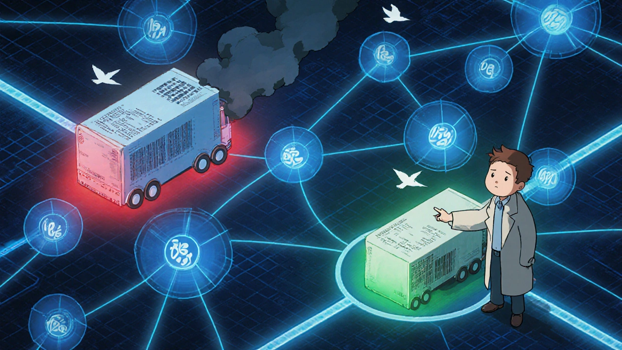A glowing supply chain network shows verified drugs in green and counterfeit ones in red, with an inspector guiding safety.