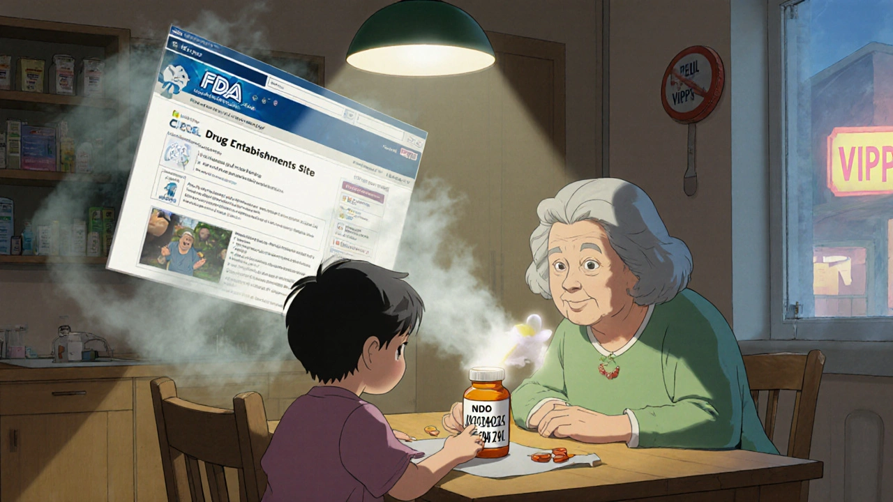 A grandmother and child examine a pill bottle as its NDC number becomes a spirit flying into an FDA database.