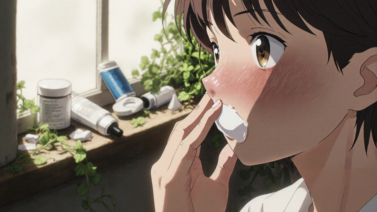 A hand applying light moisturizer to irritated skin, with discarded creams in the background, in Studio Ghibli style.