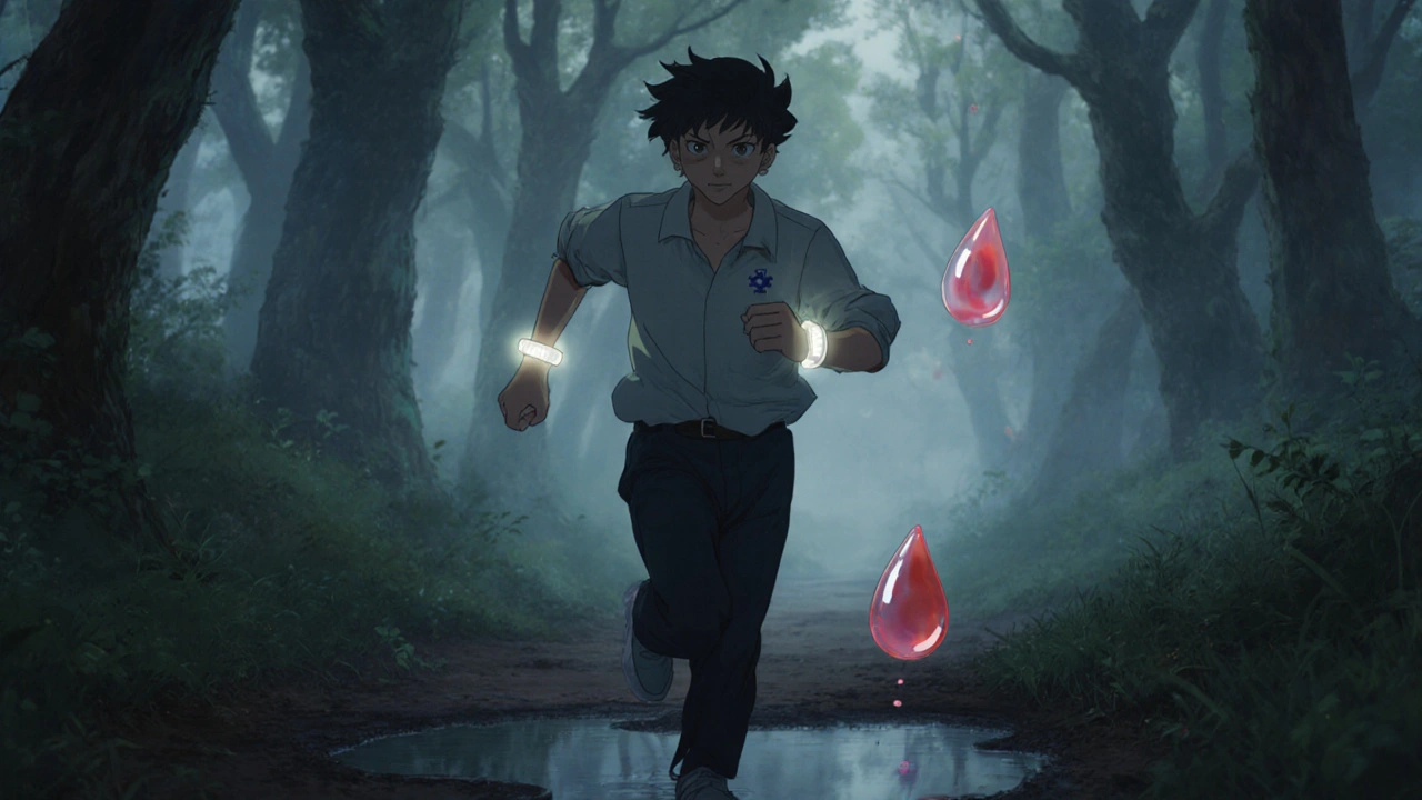 A man running through a forest with ghostly red droplets trailing behind him, symbolizing bleeding risk.